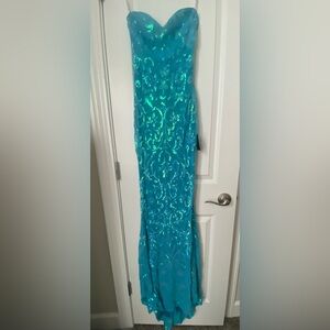 Lulu’s Glam Aura Blue Iridescent Sequin Strapless Max Dress, small